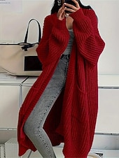 halpa Yksinkertainen neuletakki-Naisten Neulos Neule Muoti Katutyyli Vapaa-aika Puhdas väri Joustin Avoin etuosa Tasku Kudottu Pitkähihainen Pitkät topit Neuloa ulko- Päivittäin Viikonloppu Viininpunainen Musta Syksy Talvi