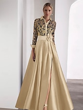 billige Gulvlengde-Brodert A-Linje Kveldsdrakt Elegant Kjole Formell Bryllupsgjest Gulvlengde Lang Erme Skjortekrage SATIN med Glitrende Slitt