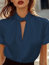 preiswerte Schicke Blusen-Damen Hemd Elegant Satin-Top Bluse Ausschnitt Einfach Stilvoll Modern Kurzarm V Ausschnitt Normale Oberteile Ferien Ausgehen Schwarz Weiß Rote Marineblau Herbst