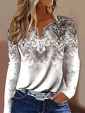 abordables T-shirt Boho-Femmes T-shirt Graphique Plantes Tribal ancien Élégant Classique manche longue Col en V Encolure en V Hauts Réguliers Quotidien Week-end Imprimé Gris Clair Printemps Automne Hiver