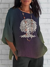 cheap Boho Tops-Women&#039;s Shirt Tree Color Gradient Daily Casual 3/4 Length Sleeve Crew Neck Regular Tops Daily Holiday Print White Purple Green Khaki Summer Spring Fall