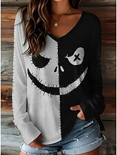 levne Halloweenské topy-Halloween Dámské Tričko Grafika předvečer Všech svatých Netvor Vinobraní stylové Klasické Dlouhý rukáv Do V Běžné topy Denní Víkend Tisk Černá Oranžová Khaki Jaro Podzim