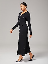 preiswerte Blumenkleider-Weiblich Freizeitkleid Schwarz Langarm Einfach Herbst Ganzjahres Rundhals Elegant Modern S M L
