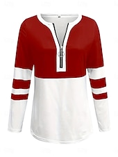 cheap Stripe&amp;Geometric tee-Women's T shirt Long Sleeve Graphic Color Block Striped Elegant Vintage Stylish Long Sleeve V Neck Regular Tops Daily Weekend Zipper Print Black Red Royal Blue Spring Fall Prefall