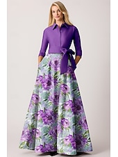 ieftine Lungimea podelei-Rochie de mireasă elegantă, violet-albastru, în linie A, cu decolteu tip bateau, lungime la podea, dungă subțire, mânecă lungă și blocuri de culoare, 2025