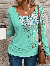 abordables T-shirt floral-Femmes T-shirt Fleuri Graphique ancien Élégant Occasionnel manche longue Col ras du cou Hauts Réguliers Quotidien Patchwork Imprimé Jaune Rose Claire Bleu Violet Vert Automne Hiver