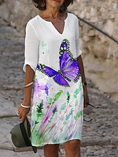 abordables Robes Floraux Imprimés-Femmes Robe Midi Robe Décontractée Robe Imprimée Mode Moderne Quotidien Plage Week-end Coupe régulière Fleuri Papillon Manche 3/4 Col ras du cou Jaune Bleu Violet Orange Été Printemps Automne