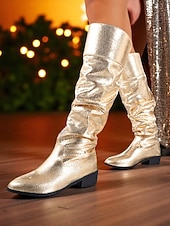 abordables Botas de moda-Botas altas hasta la rodilla holgadas con tacón bajo y diseño metalizado dorado para mujer: calzado de fiesta brillante para la vida nocturna, discotecas y moda nocturna.