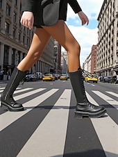 baratos Botas de combate-Botas femininas de couro sintético, cano alto, com cadarço, zíper lateral e sola plataforma grossa, calçado casual urbano