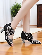 economico Scarpe per balli latini-scarpe da ballo da donna con punta aperta, strass e tacco basso color carne - calzature professionali per feste da ballo Gatsby