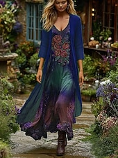 abordables Robe Fleurie-Femmes Robe Ensemble Robe Maxi Robe trapèze Vacances Boho Fleuri Graphique Superposé Imprimé Robe maxi Manche 3/4 Col en V Extérieur Quotidien Bleu Violet Vert Printemps Automne Coupe régulière