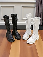 baratos Botas de combate-Botas femininas de couro sintético, cano alto, com cadarço, zíper lateral e sola plataforma grossa, calçado casual urbano