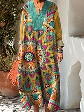 halpa Boho-mekot-Naisten Maksimekko Kesämekko A linjainen mekko Vapaa-aika Boheemi Pyhäpäivä Loose Fit Kuvitettu Geometrinen Pitkähihainen V kaula-aukko Punastuvan vaaleanpunainen Sininen Purppura Apila Kesä Kevät