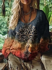 abordables Tops Boho pour Femmes-Chemisier femme graphique vintage quotidien décontracté manches longues col V régulier hauts tribal arbre de vie vintage designer vacances rue sortie quotidien vacances imprimé jaune violet fuchsia été printemps automne