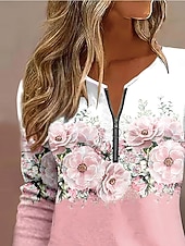 abordables T-shirt floral-Femmes T-shirt A Ombre Fleuri Graphique Élégant ancien Classique manche longue Col rond Encolure en V Hauts Réguliers Quotidien Week-end Fermeture éclair Imprimé Rose Claire Bleu Ciel Violet