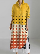 tanie Sukienki koszulowe-Damskie Długa sukienka sukienka maxi Sukienka koszulowa Codzienne sukienki Sukienka z nadrukiem Moda Nowoczesny Codzienny Weekend Regularny Geometryczny Kwiat Długi rękaw Kołnierzyk koszuli Żółty