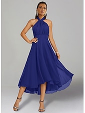 billiga Bröllopsgästklänningar-A-linjeformade Bröllops Gäst Klänningar Elegant Klänning Formal Bröllops Fest Te Längd utan Ärmar En Axlar Höst Bröllops Gäst Chiffon med Rynkning