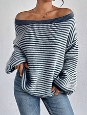 preiswerte Grafische Muster und Details-Damen Pullover Lässig Weich Gestreift Gerippt U-Boot-Ausschnitt Gestrickt Langarm Normale Oberteile Stricken Outdoor Täglich Wochenende Schwarz Rote Herbst Winter