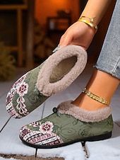 economico Scarpe di Natale per Donne-scarpe slip-on da donna con fodera in pelliccia ricamata rossa e motivo floreale, calde scarpe invernali per Natale, periodo festivo e abbigliamento casual