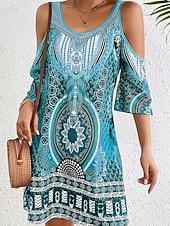 abordables Robes Bohémiennes-Femmes Robe Midi Robe bohème Classique Moderne Vacances Fête Sortir Coupe régulière Fleur Sans manches Col ras du cou Bleu Violet Marron Vert Automne