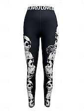 tanie -Legginsy damskie na wakacje vintage mody pełna długość wysoki stan grafika czaszki miękka oddychająca rozciągliwa na zewnątrz wakacyjna ulica czarna biała czarno-biała wiosna jesień zima slim fit