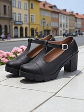  Lyseblå damesko med T-stropp og kraftig hæl – pumps i imitert skinn med rund tå og spenne for fritidsbruk, kontorantrekk og vår- og sommerarrangementer