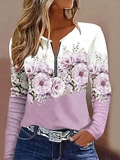 abordables T-shirt floral-Femmes T-shirt A Ombre Fleuri Graphique Élégant ancien Classique manche longue Col rond Encolure en V Hauts Réguliers Quotidien Week-end Fermeture éclair Imprimé Rose Claire Bleu Ciel Violet