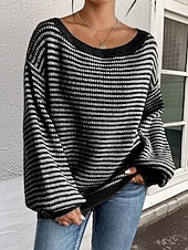 preiswerte Grafische Muster und Details-Damen Pullover Lässig Weich Gestreift Gerippt U-Boot-Ausschnitt Gestrickt Langarm Normale Oberteile Stricken Outdoor Täglich Wochenende Schwarz Rote Herbst Winter