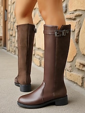 abordables Bottes de cheval-Femmes Bottes Quotidien Bottes hautes au genou Petit talon Bout Rond Occasionnel Minimalisme Faux daim Fermeture éclair Noir Marron