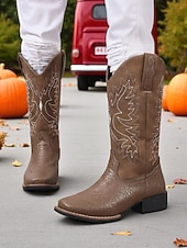 economico Stivali da cowboy e occidentali-stivali da cowboy ricamati marroni da donna: classici stivali a metà polpaccio in stile western per festival autunnali, lavori agricoli e concerti country