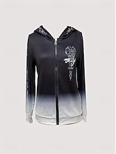 baratos Tops Viking-Mulheres Moletom com zíper Floral Punk Ativo Vintage Manga Longa Com Capuz Tops regulares Casual Casa Dia a Dia Preto Vermelho Outono Inverno