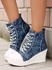 preiswerte Damen-Sneaker-Damen-Wedge-Sneaker aus blauem Denim mit Schmetterlings-Print – lässige Schnürstiefel mit verstecktem Absatz für Reisen, Streetwear und Alltagsoutfits