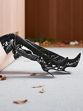 Χαμηλού Κόστους Μπότες μόδας-Γυναικείες μαύρες μπότες στιλέτο πάνω από το γόνατο με μυτερή μύτη από λουστρίνι - σέξι υποδήματα για πάρτι νυχτερινής διασκέδασης