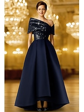 abordables Robes de Soirée en A-Ligne A Longueur au sol Robe de Soirée Tenue de soirée Élégant ancien Scintillant Manche Courte Une Épaule Formel Mariage Poche Satin Extensible avec Paillettes Châle 2025