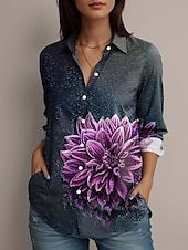 voordelige Bloemen tops-Dames Overhemd Bloemig Grafisch Dagelijks Stijlvol Zakelijk Lange mouw Overhemdkraag Normale tops Werk Dagelijks Formele kleding Knop Afdrukken Zwart Lente Herfst