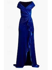 preiswerte Abendkleider-A-Linie Schlauchkleid Abendkleid Elegant Kleid Formell Hochzeit Bodenlang Kurzarm V Ausschnitt Tasche Stretch Satin mit Schleife(n) 2025