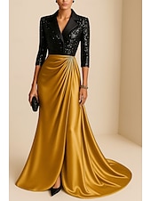 billige Tuxedokjoler-Havfrue Kveldskjoler Elegant Kjole Formell Bryllup Gulvlengde Langermet Knaphul Champagne Mother Of the Bride-kjole Elastisk satin med Glimmer Plissert 2025