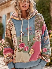 billige Blomstrete topper-Kvinners 3D Print Hettegenser Pullover Sweatshirt Oversized Langermet Casual Grafikk Blomster Varm Aktiv Hette Vanlige Topper Gate Dagligbrus Lappeteppe Rosa Mørk Rosa Blå Lilla Grønn Vår Høst Vinter