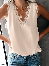 abordables Hauts en dentelle-Femmes Hauts d&#039;été Uni Élégant Sans manches Col en V Hauts Réguliers Noir Blanche Rose Claire Bleu Ciel Abricot Été