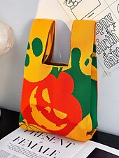 levne Tašky-Dámská halloweenská taška – pletená kabelka se vzorem dýně a netopýra na koledování, ležérní opakovaně použitelná taška přes rameno na párty, nákupy a vánoční dárek