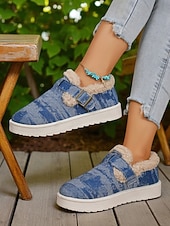 abordables Botas de nieve e invierno-Botines de nieve para mujer con forro polar vaquero: zapatos de invierno cálidos e informales sin cordones con correa de velcro para viajes y paseos al aire libre.
