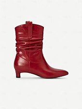 tanie Buty typu slouch-Damskie czerwone botki typu slouch z miękką, marszczoną cholewką, na niskim klockowym obcasie, szykowne obuwie w miejskim stylu dla kobiet, idealne do codziennych, swobodnych stylizacji i miejskich