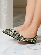 cheap Women's Flats-Women's Green Rhinestone Pearl Flats - Pointed Toe Slip-On Dress Shoes with Buckle Detail for Cocktail Parties &amp; Evening Events
