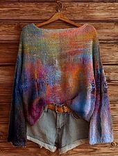 abordables Motifs graphiques et détails-Pull femme décontracté doux géométrique vintage manches longues col rond régulier hauts quotidien vacances imprimé jaune bleu violet vert printemps automne hiver