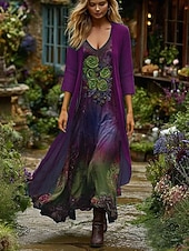 abordables Robe Fleurie-Femmes Robe Ensemble Robe Maxi Robe trapèze Vacances Boho Fleuri Graphique Superposé Imprimé Robe maxi Manche 3/4 Col en V Extérieur Quotidien Bleu Violet Vert Printemps Automne Coupe régulière