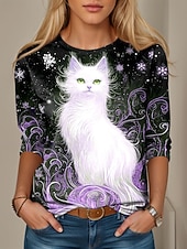 abordables T-shirt Animaux-Femmes T-shirt Graphique Animal Chat ancien Mode Élégant manche longue Col ras du cou Hauts Réguliers Quotidien Imprimé Jaune Bleu Violet Vert Printemps Automne Hiver
