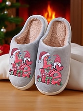 ieftine Flip-Flops de Damă-Papuci de Crăciun bej pentru femei, cu căptușeală plușată și imprimeu festiv cu dragoste – pantofi de iarnă confortabili pentru interior, pentru sărbători, acasă și cadouri