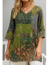 economico Camicie-Per donna Camicie di cotone e lino Floreale Grafico Bohemien Elegante Essenziale Manica 3/4 Scollo a V Top Regolari Quotidiano Stampato Rosso Verde Estate Primavera