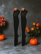 tanie Akcesoria Halloween-Damskie skarpetki za kolano na Halloween - bawełniane, długie pończochy w paski z uroczym wzorem dyni, zabawne i wygodne, nowatorskie pończochy na imprezy kostiumowe, cosplay i wydarzenia świąteczne