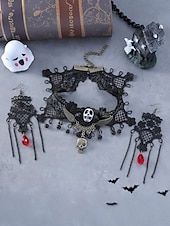 abordables Accesorios de Halloween-Conjunto de collar y pendientes de araña y calavera de Halloween para mujer: diseño de red de encaje negro con gema roja, perfecto para fiestas y disfraces de Halloween.